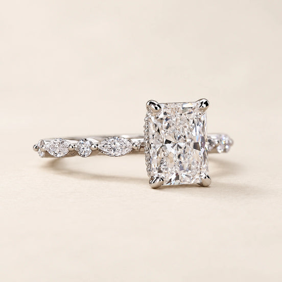 Radiant Cut Lab Grown Diamond Hidden Halo Engagement Ring in Yellow Gold