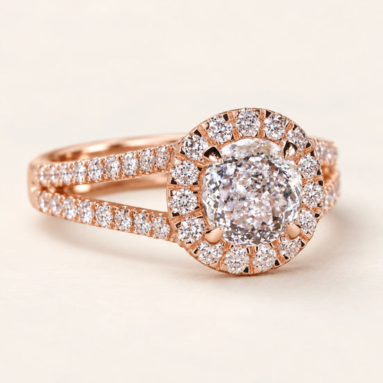 Portuguese Cut Lab Grown Diamond Halo Engagement Ring in Rose Gold
