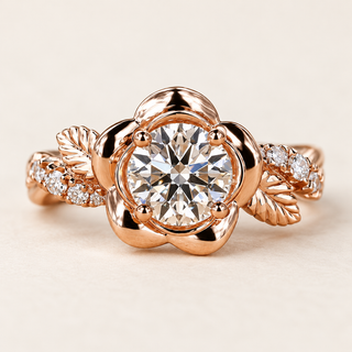 Round Lab Grown Diamond floral engagement ring in rose gold with a six-petal flower basket and leaf pavé shoulders.