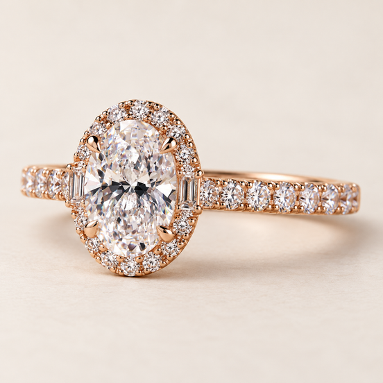 Oval cut lab grown diamond halo engagement ring in rose gold with two baguette diamonds, round brilliant halo and pavé diamond shoulders.