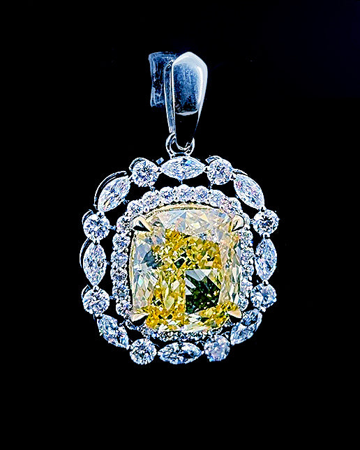 Main: White gold 8.30ct yellow cushion pendant with marquise and round lab grown diamonds on black
Detail: Close-up of yellow cushion lab grown diamond with marquise and round diamond halo
Side: White gold yellow cushion pendant showing layered diamond frame, raised setting and polished bail