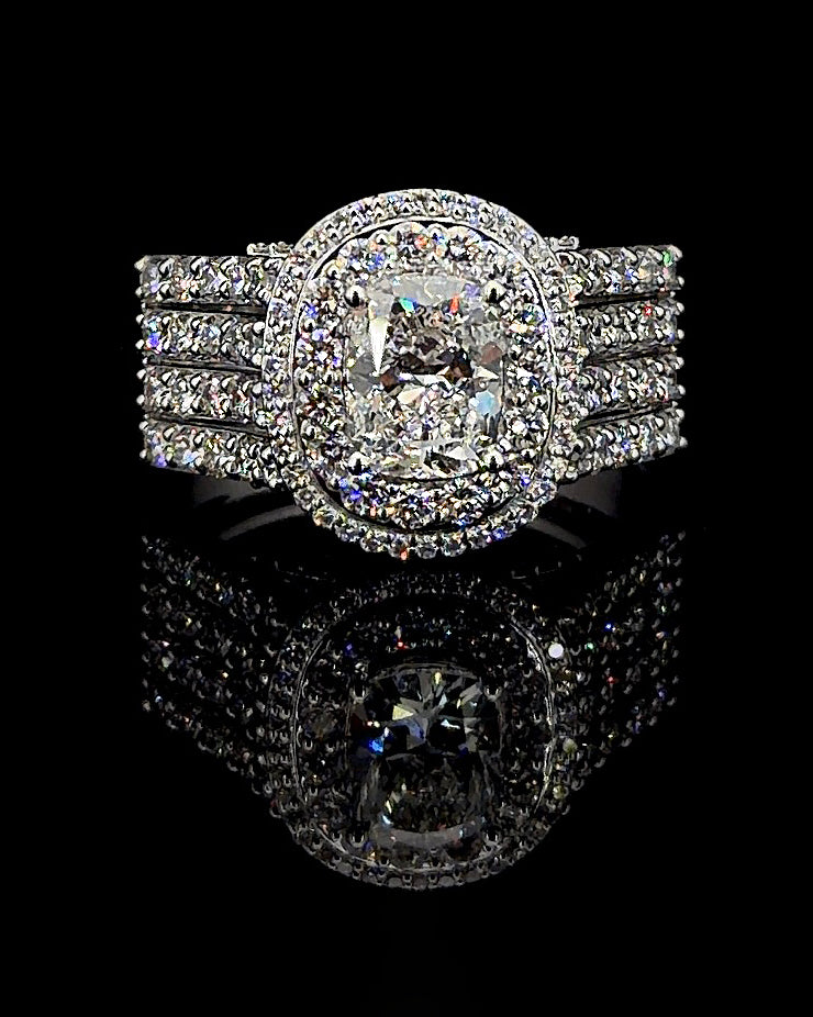 Front CAD view: Front view CAD of a 2.85ct cushion double halo pavé ring in white gold