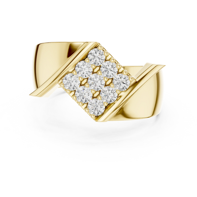 Round diamond cluster signet ring in yellow gold