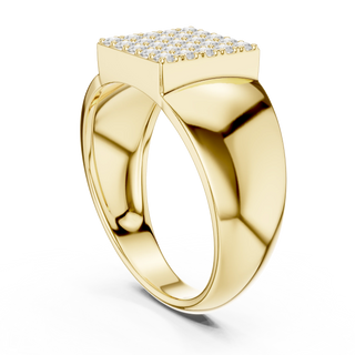 Round diamond square cluster signet ring in yellow gold