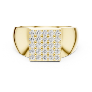 Round diamond square cluster signet ring in yellow gold