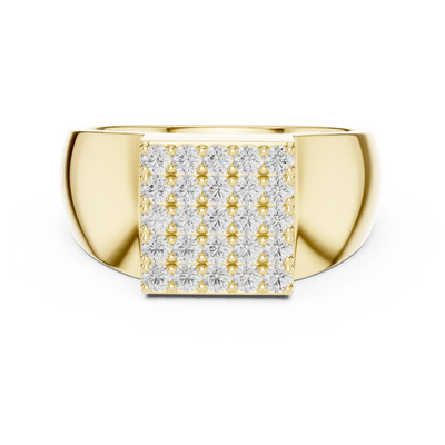 Round diamond square cluster signet ring in yellow gold