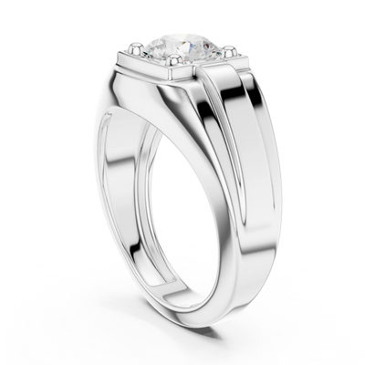 Round diamond solitaire signet ring in white gold
