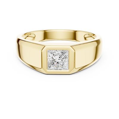 Princess diamond bezel signet ring in yellow gold
