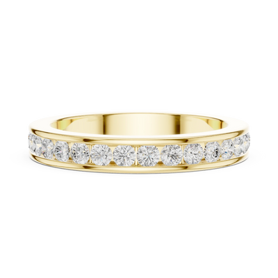 Round diamond channel wedding band ring in yellow gold
