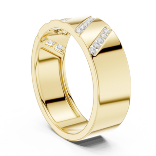 Round diamond diagonal channel band ring in yellow gold
