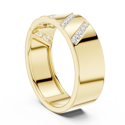 Round diamond diagonal channel band ring in yellow gold
