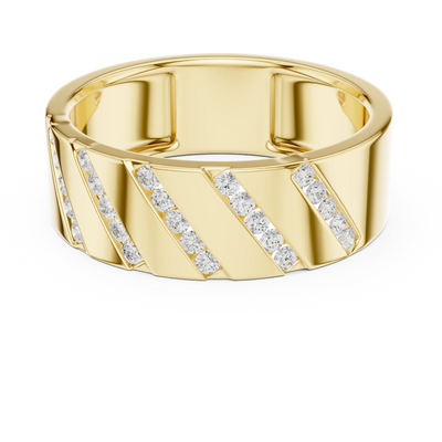 Round diamond diagonal channel band ring in yellow gold
