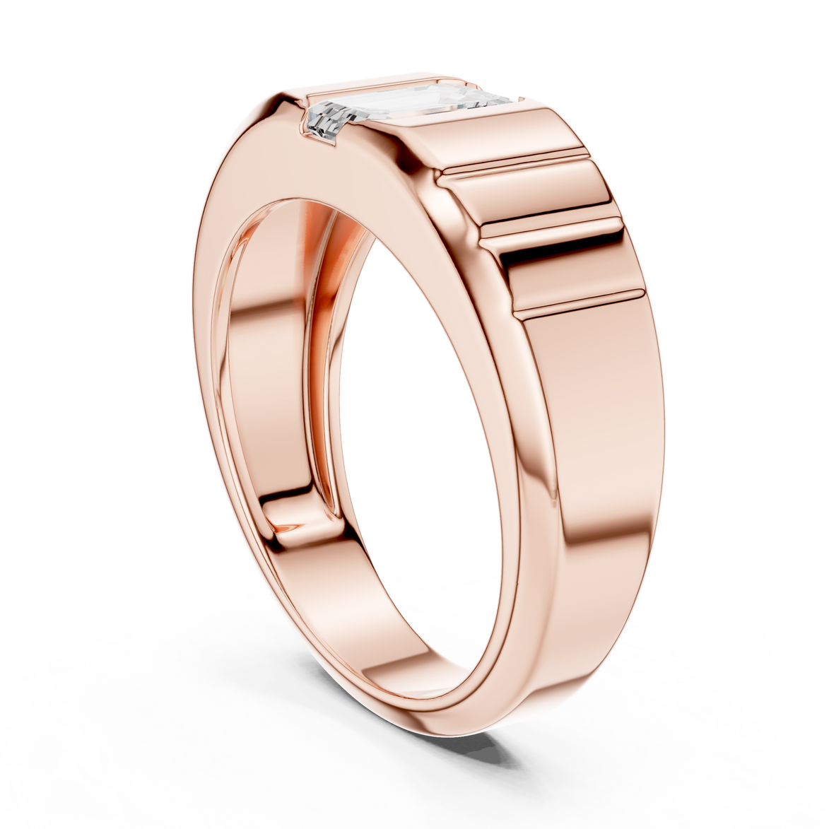 Men’s emerald cut diamond signet ring in gold with bold grooved band