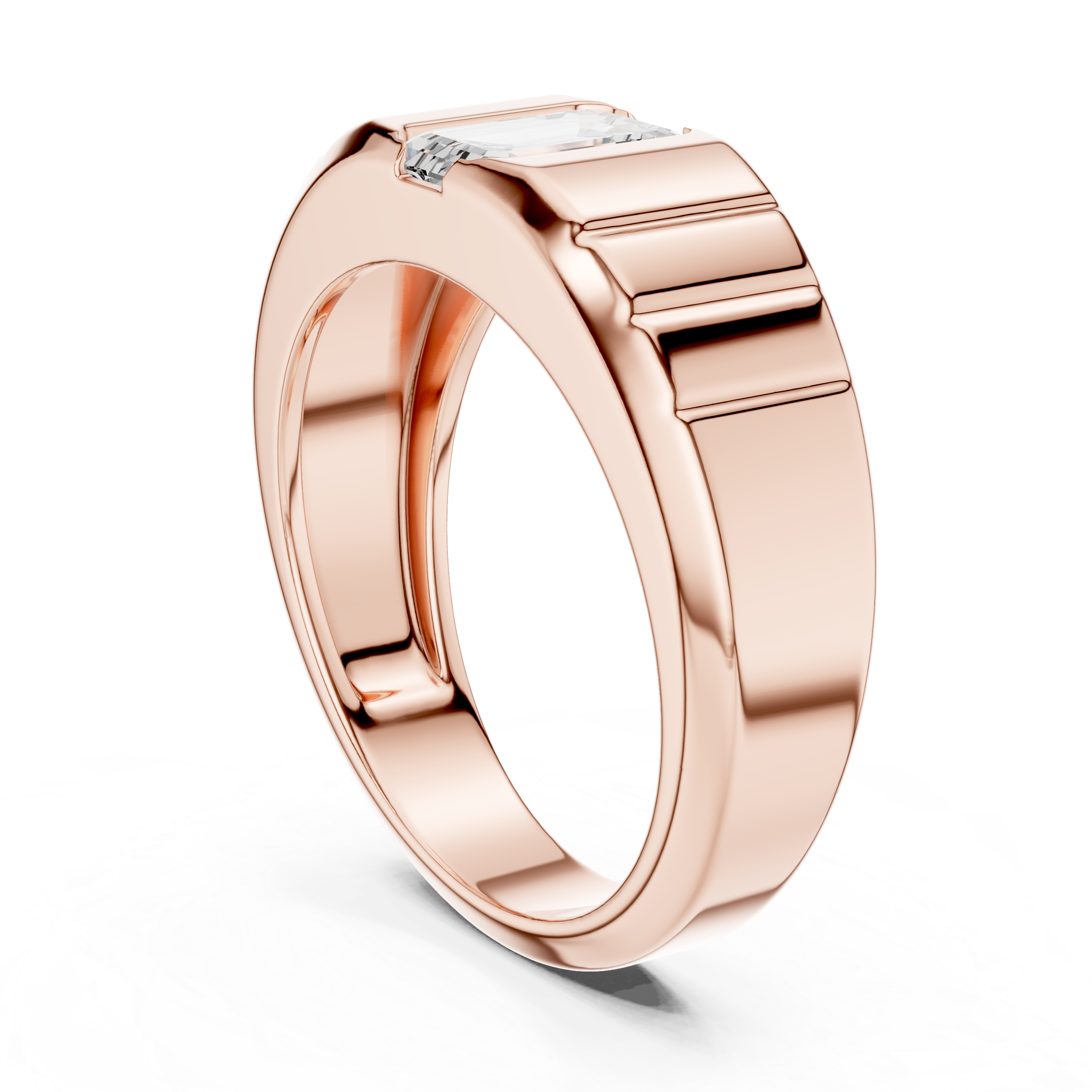 Men’s emerald cut diamond signet ring in gold with bold grooved band