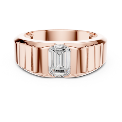 Men’s emerald cut diamond signet ring in gold with bold grooved band