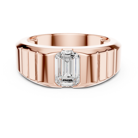 Men’s emerald cut diamond signet ring in gold with bold grooved band