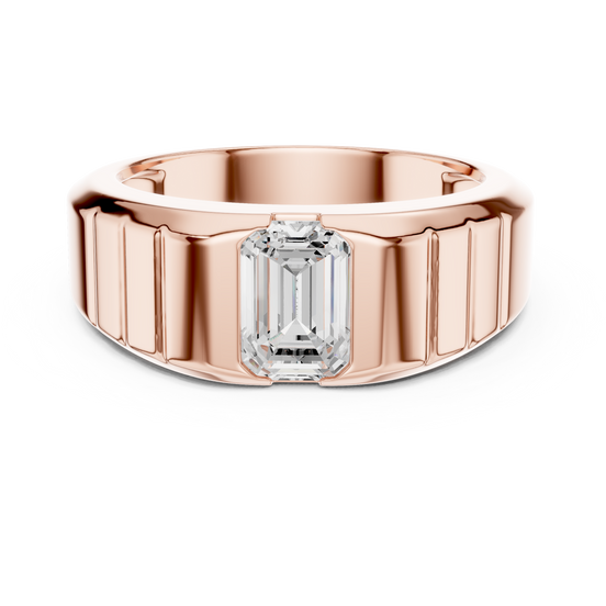 Men’s emerald cut diamond signet ring in gold with bold grooved band