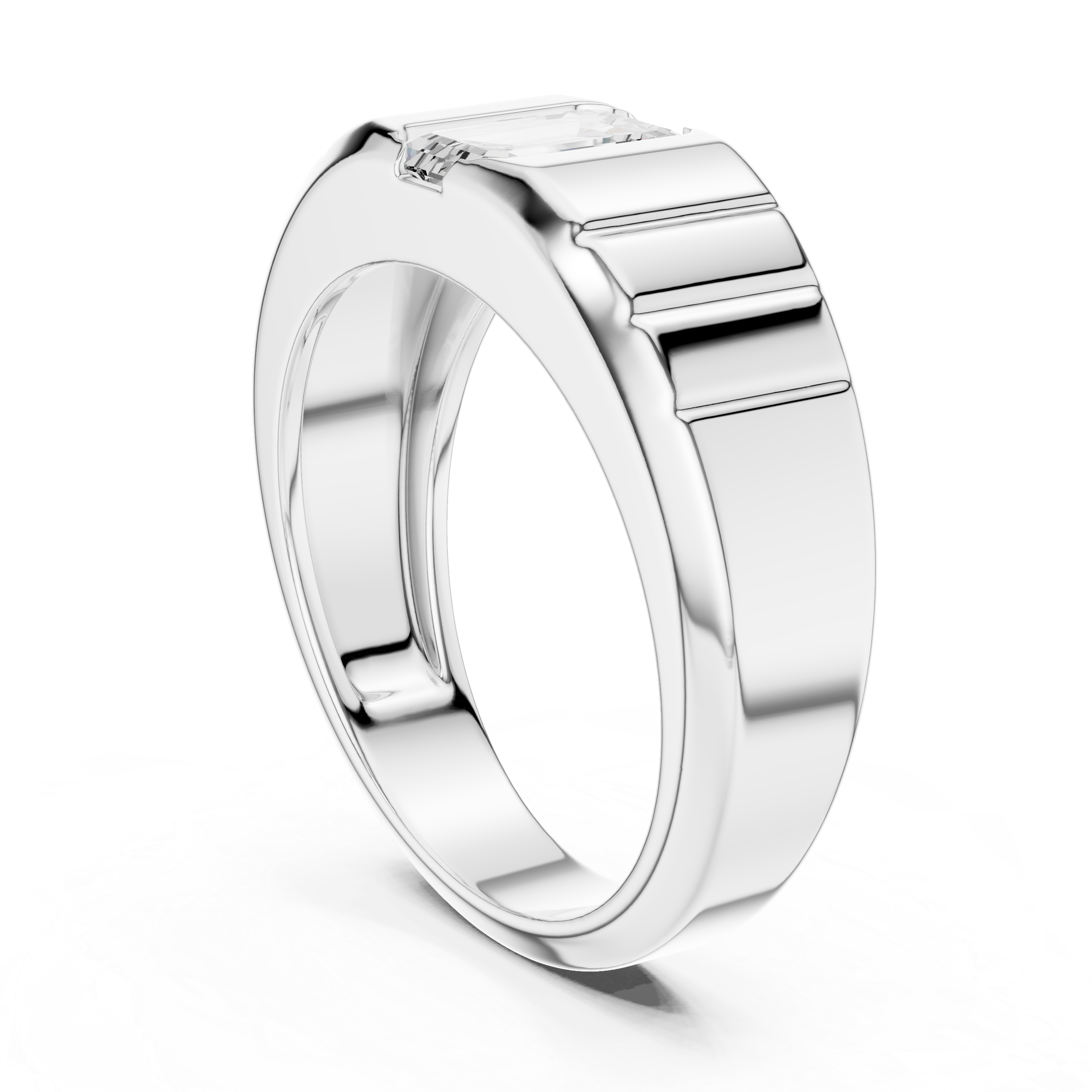 Men’s emerald cut diamond signet ring in gold with bold grooved band