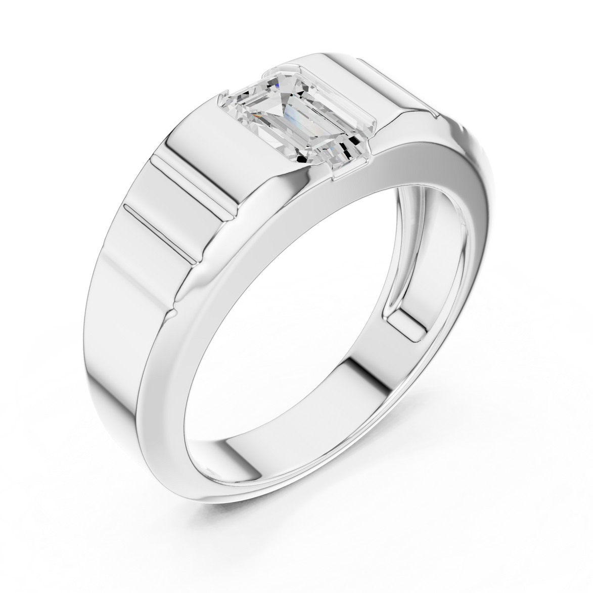 Men’s emerald cut diamond signet ring in gold with bold grooved band