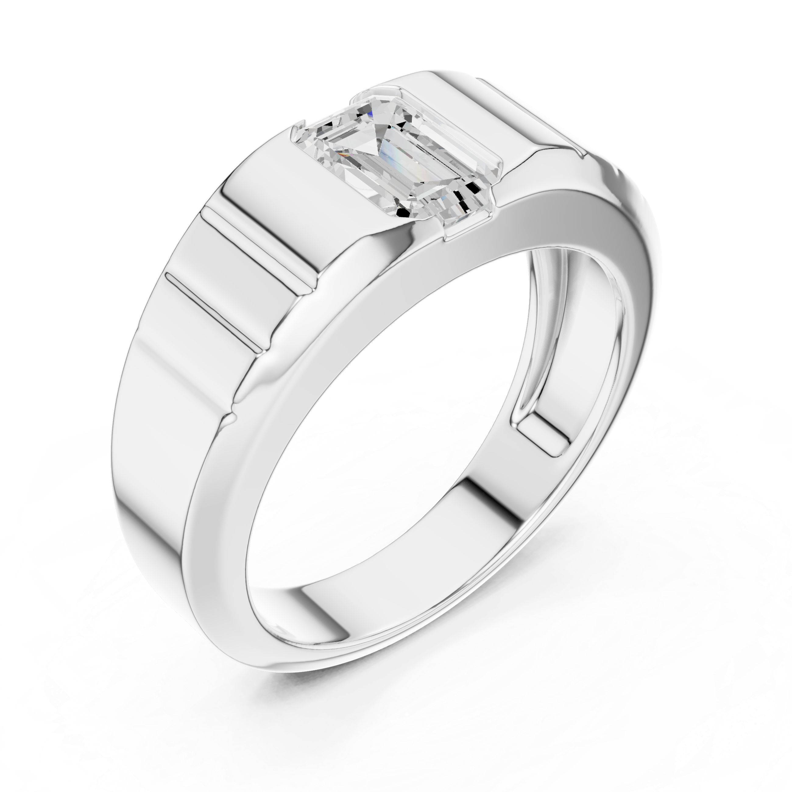 Men’s emerald cut diamond signet ring in gold with bold grooved band