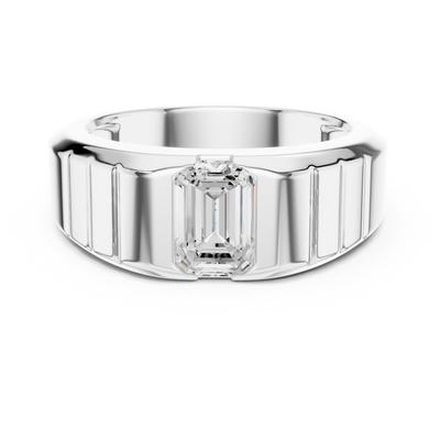 Men’s emerald cut diamond signet ring in gold with bold grooved band