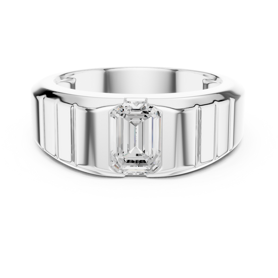 Men’s emerald cut diamond signet ring in gold with bold grooved band