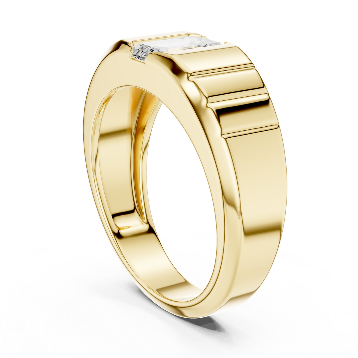 Men’s emerald cut diamond signet ring in gold with bold grooved band