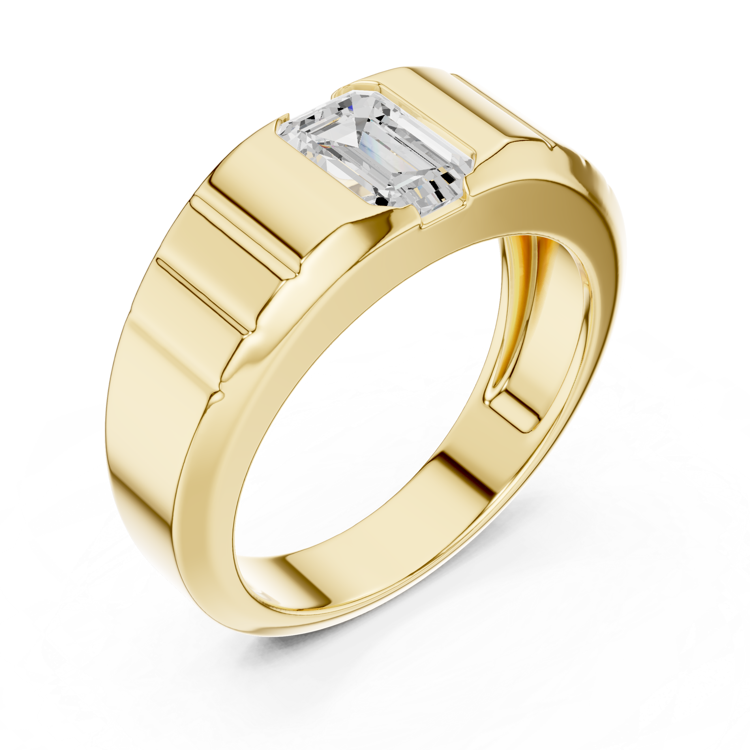 Men’s emerald cut diamond signet ring in gold with bold grooved band