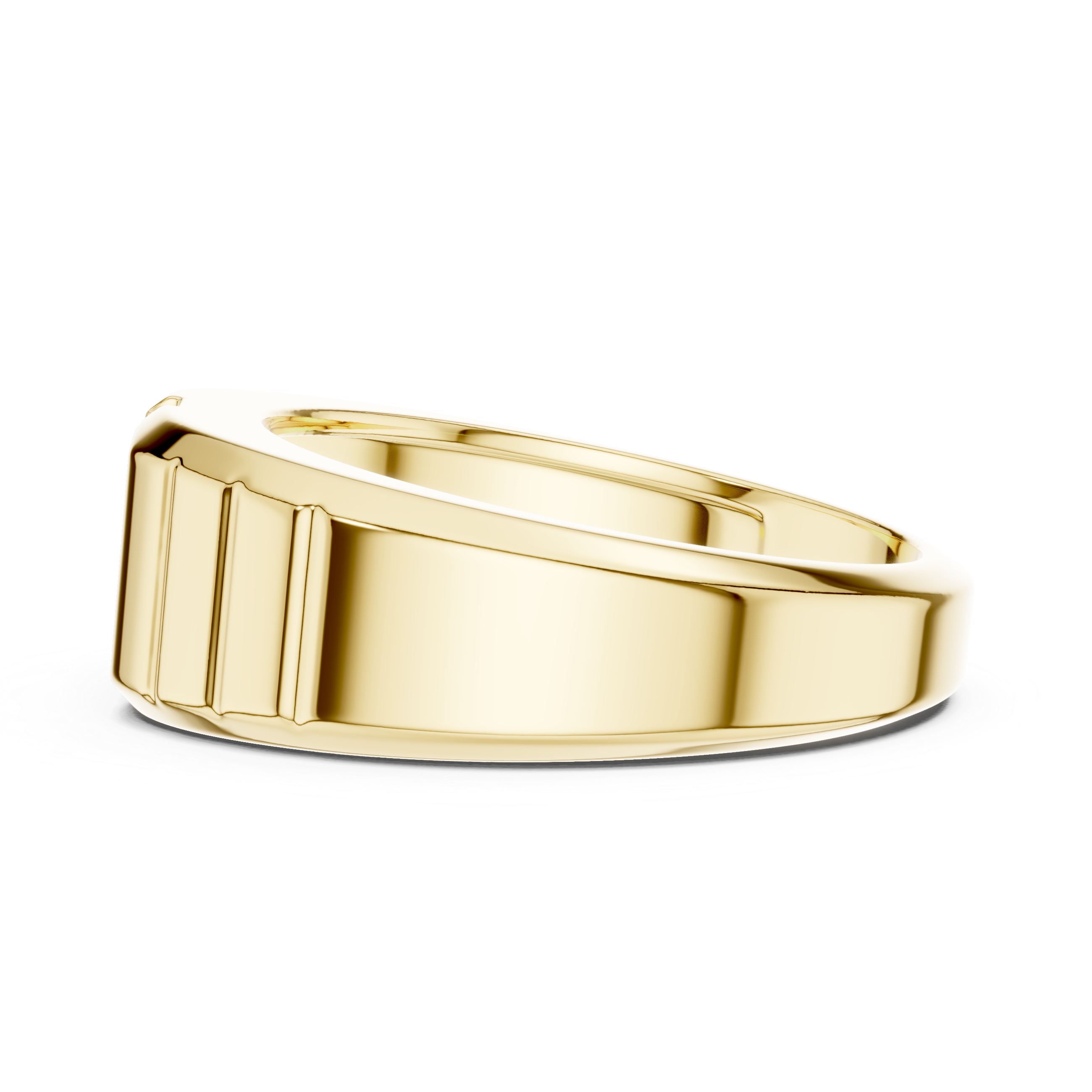 Men’s emerald cut diamond signet ring in gold with bold grooved band