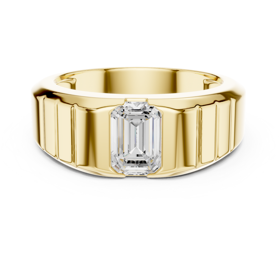 Men’s emerald cut diamond signet ring in gold with bold grooved band