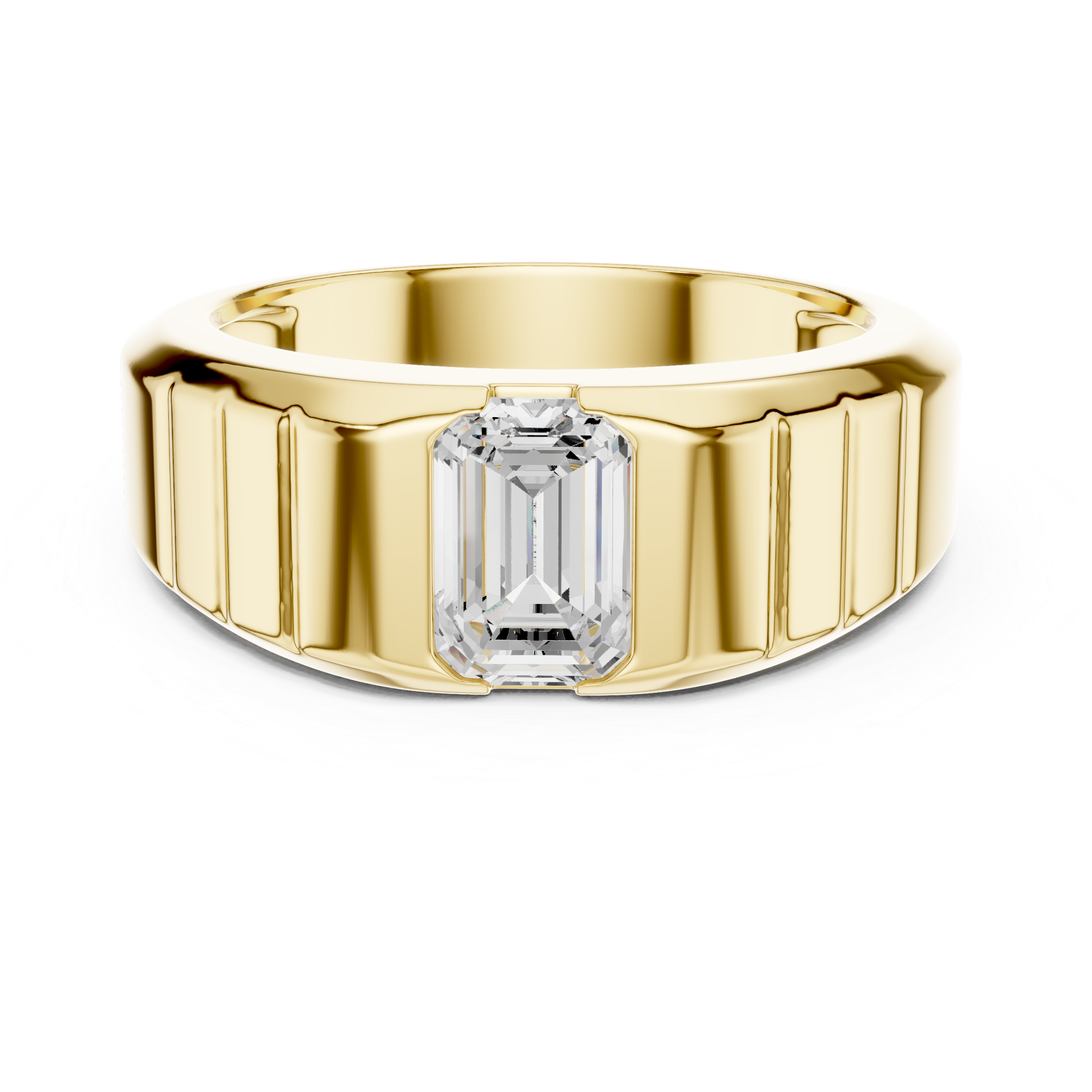Men’s emerald cut diamond signet ring in gold with bold grooved band