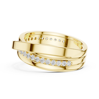 Round diamond crossover band ring in yellow gold
