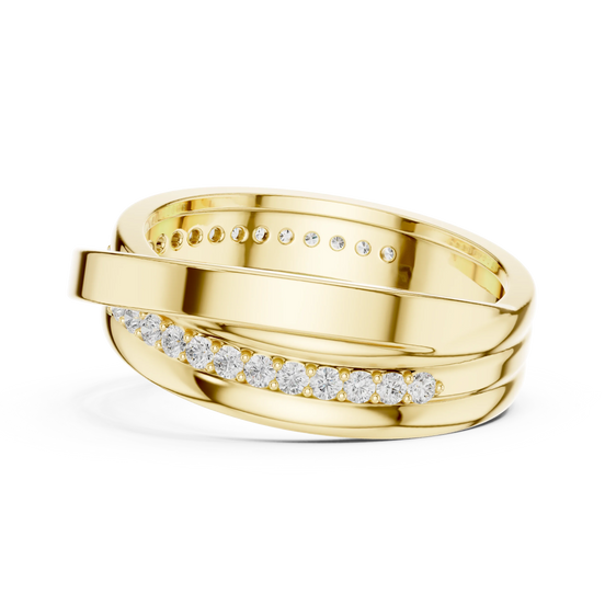 Round diamond crossover band ring in yellow gold

