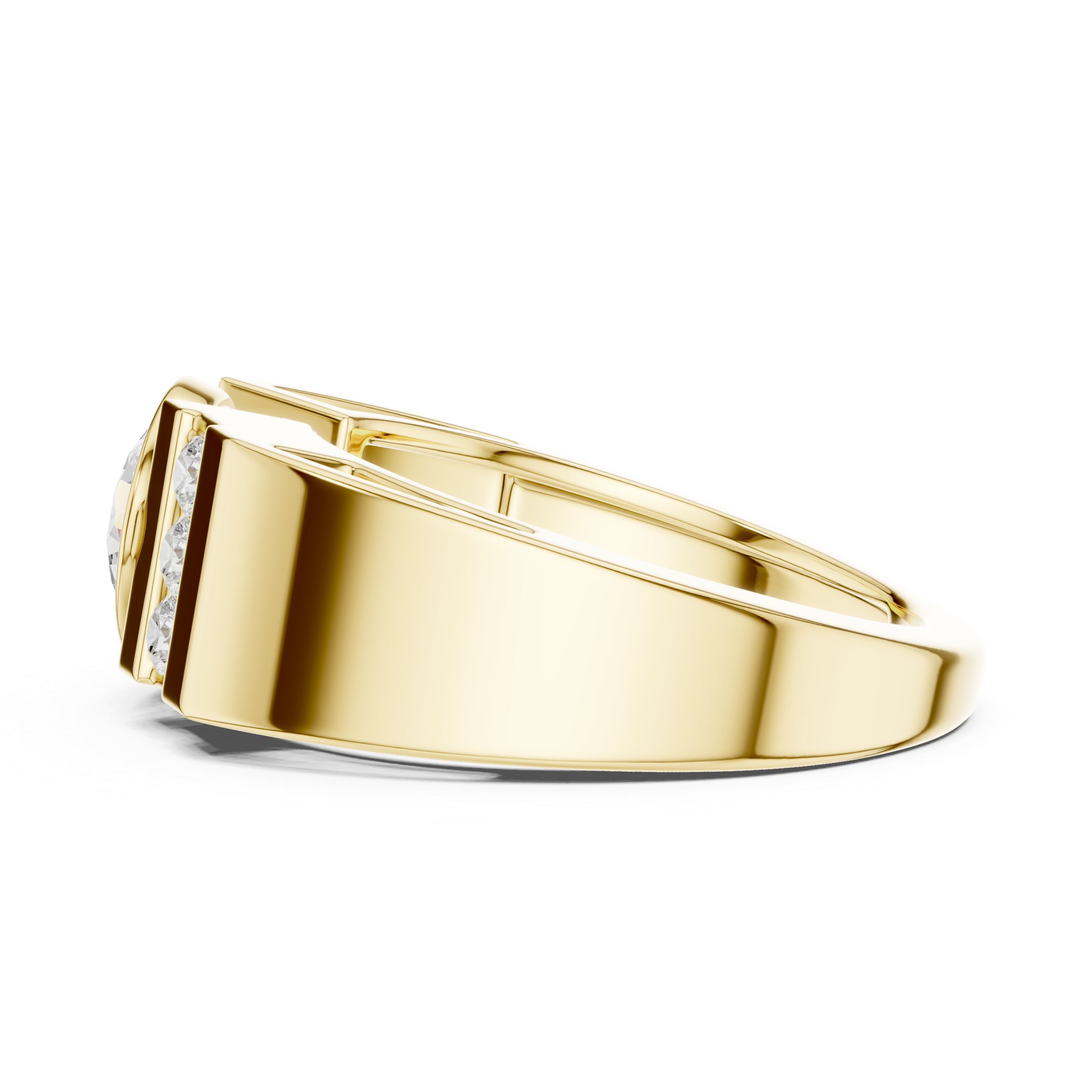 Men’s bold solitaire diamond ring in gold with side channel diamonds