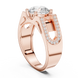 Rose gold ring with a central diamond and smaller diamonds on the band against a white background