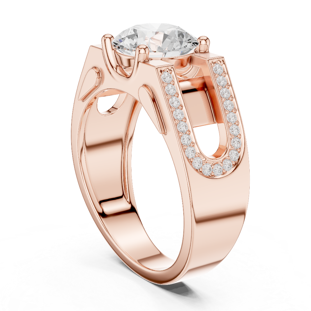 Rose gold ring with a central diamond and smaller diamonds on the band against a white background