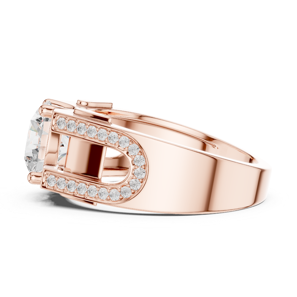 Rose gold ring with diamond accents on a white background