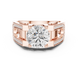 Rose gold ring with a large diamond and smaller diamonds on the band against a white background