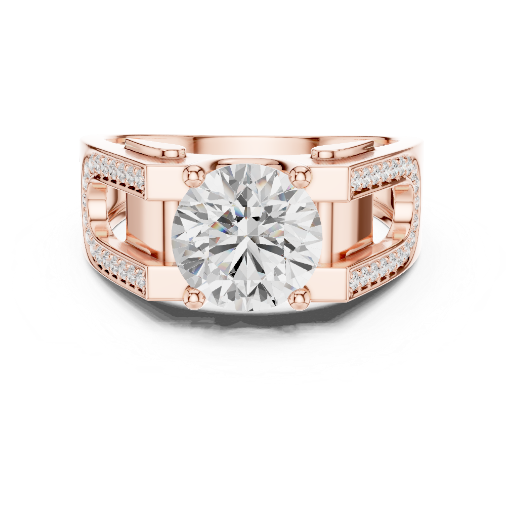 Rose gold ring with a large diamond and smaller diamonds on the band against a white background
