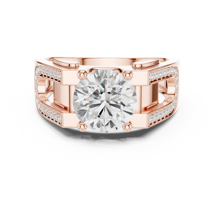 Rose gold ring with a large diamond and smaller diamonds on the band against a white background