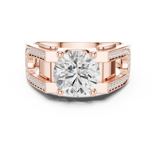 Rose gold ring with a large diamond and smaller diamonds on the band against a white background