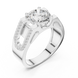 Silver ring with a large diamond and smaller diamonds on the band against a white background