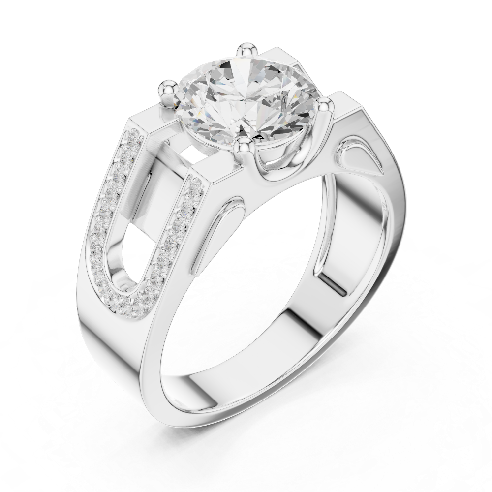 Silver ring with a large diamond and smaller diamonds on the band against a white background