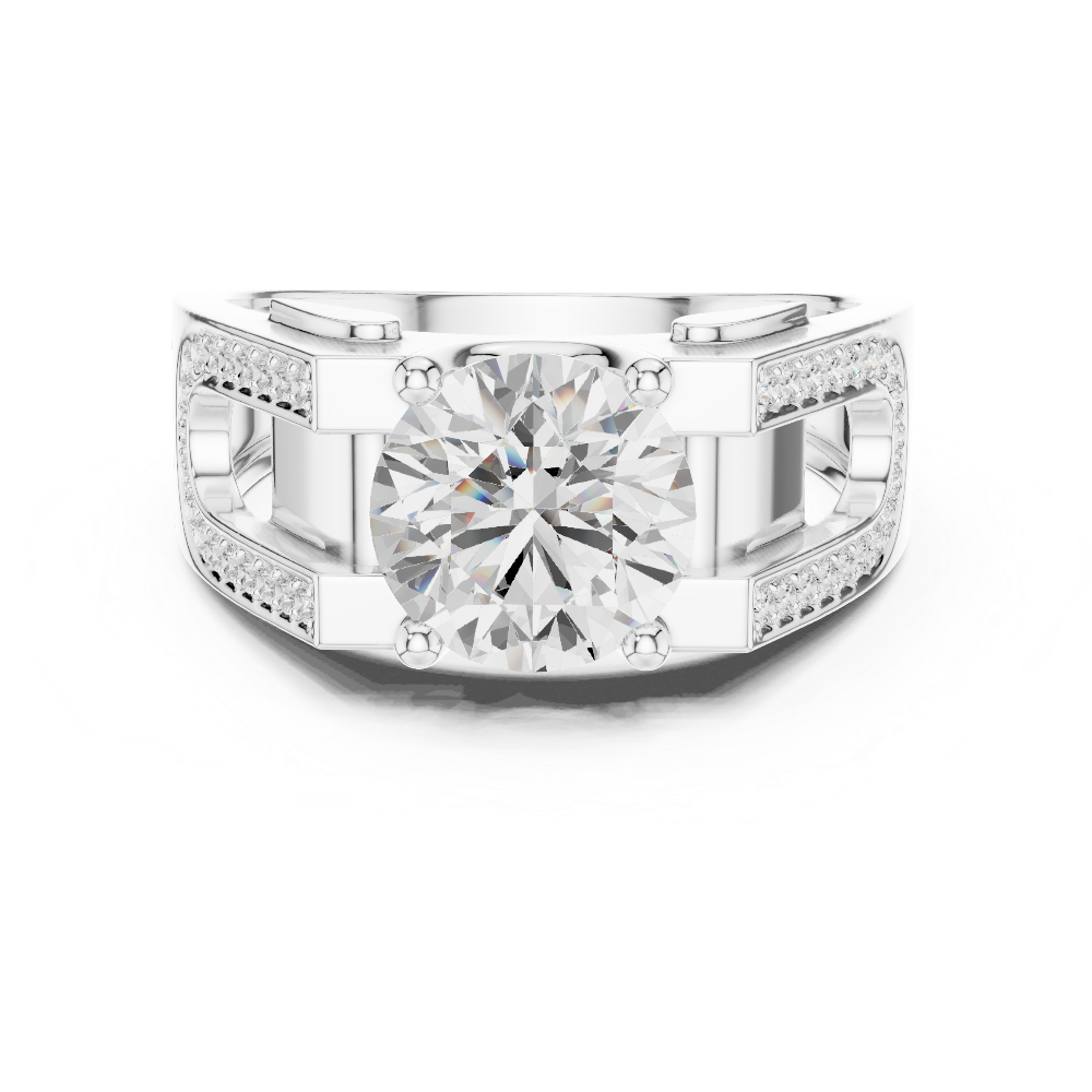 Silver ring with a large diamond and smaller diamonds on the band against a white background