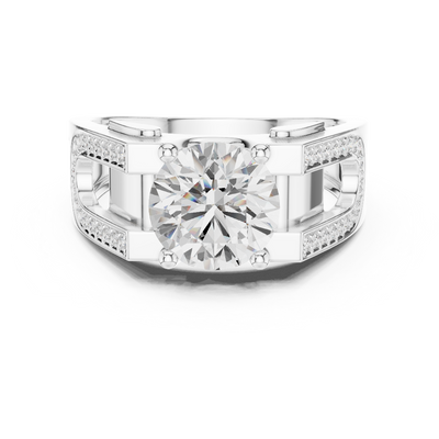 Silver ring with a large diamond and smaller diamonds on the band against a white background