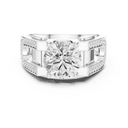 Silver ring with a large diamond and smaller diamonds on the band against a white background