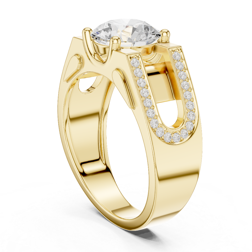 Gold ring with a central diamond and smaller diamonds on a white background