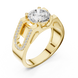 Gold ring with a large diamond and smaller diamonds on the band against a white background