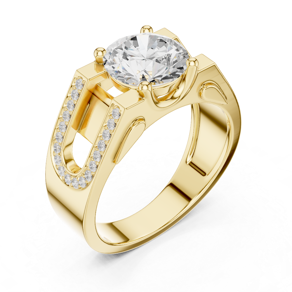 Gold ring with a large diamond and smaller diamonds on the band against a white background