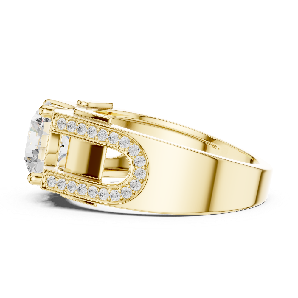 Gold ring with diamond accents on a white background